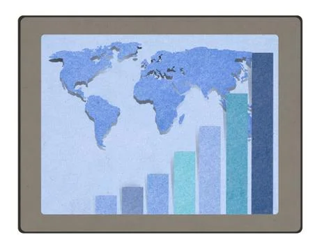 Tablet computer a bar graph with staple recycled paper craft stick . Stock Illustration