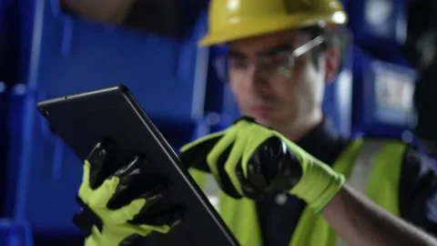 Tablet Computer Being Used at Work by a warehouse Worker With Hard Hat and Pr Stock Footage 162580418
