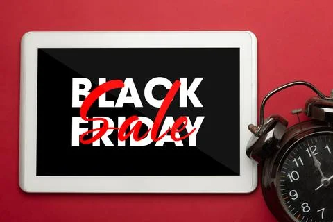 Tablet computer with black friday graphic campaign on screen Stock Photos