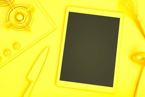 Tablet computer with blank screen on kitchen table. 3D illustration Stock Illustration
