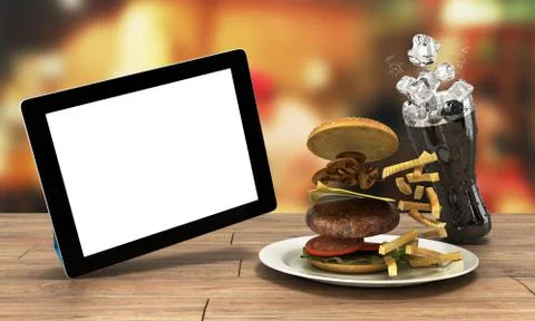 Tablet computer with a blank screen on the wooden table with a hamburger and  Stock Illustration