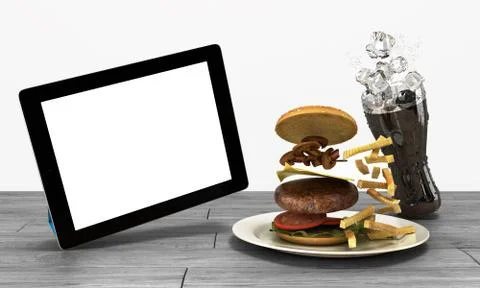 Tablet computer with a blank screen on the wooden table with a hamburger and  Stock Illustration