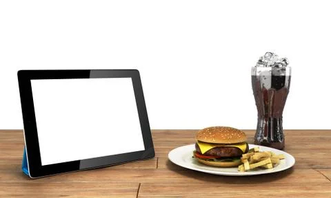 Tablet computer with a blank screen on the wooden table with a hamburger and  Stock Illustration