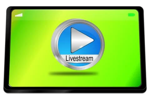 Tablet computer with blue Livestream Button - 3D illustration Illustrazione stock