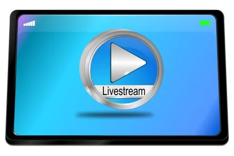 Tablet computer with blue Livestream Button - 3D illustration Stock Illustration