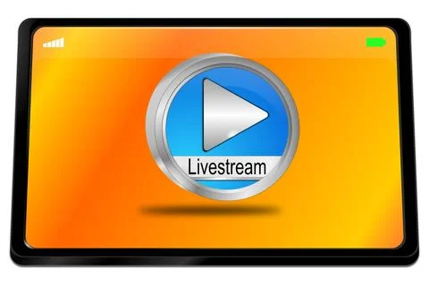 Tablet computer with blue Livestream Button - 3D illustration Stock Illustration