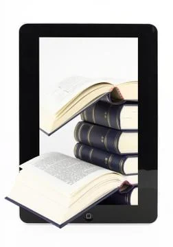 Tablet computer with books isolated on white Stock Photos