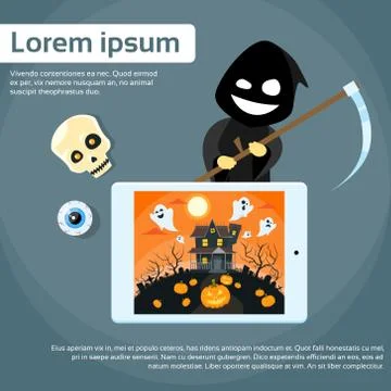 Tablet Computer Cartoon Grim Reaper Smile Hold Scythe Stock Illustration