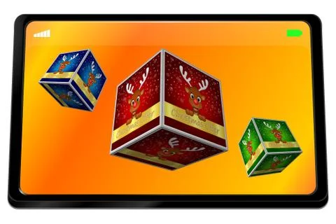Tablet computer with Christmas Offer Cubes with reindeer - 3D illustration Stock Illustration