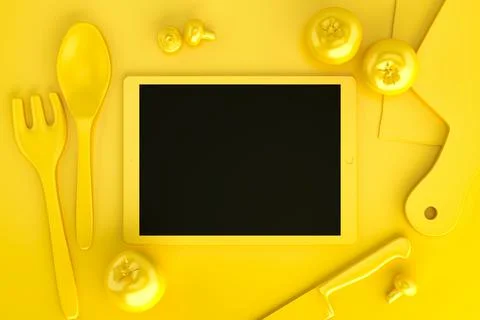 Tablet computer with collection of kitchen equipment on the table. Top view. Illustrazione stock