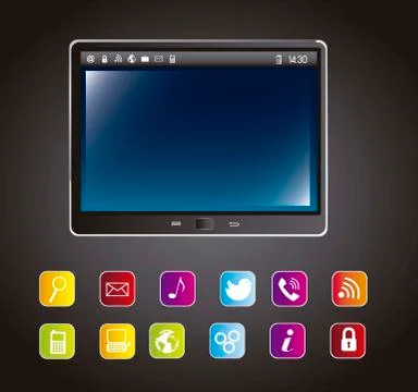 Tablet computer with colorful icons over gray background. vector Stock Illustration