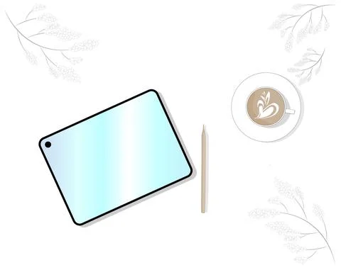 Tablet computer with a cup of coffee. The tablet for work, drawing, designing 스톡 일러스트