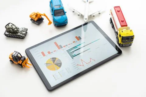 Tablet computer with different types of toy transport. auto center Stock Photos
