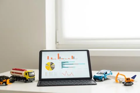 Tablet computer with different types of toy transport. auto center Stock Photos