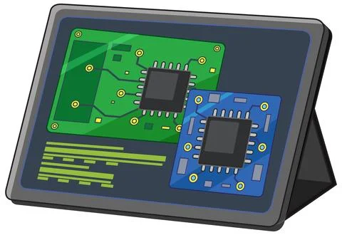 Tablet Computer Displaying Circuit Board and Microchip Hardware Components Stock Illustration
