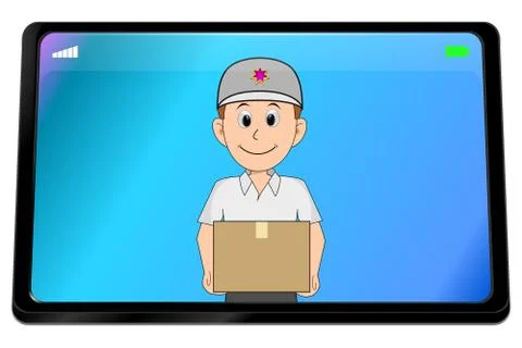 Tablet computer with friendly Courier delivering a parcel - 3D illustration Illustration