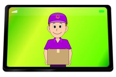 Tablet computer with friendly Courier delivering a parcel - 3D illustration Stock Illustration