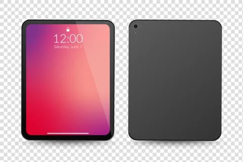 Tablet computer front and back side. Vector realistic mock up. Vertical empty Stock Illustration