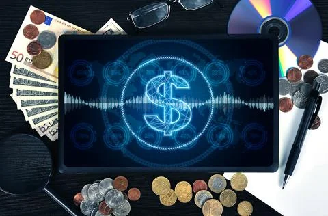 Tablet computer with glowing dollar Stock Photos