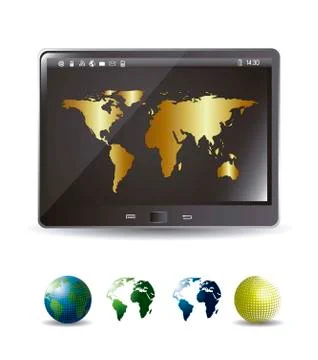 Tablet computer with gold map and icons earths. vector Ilustración de archivo
