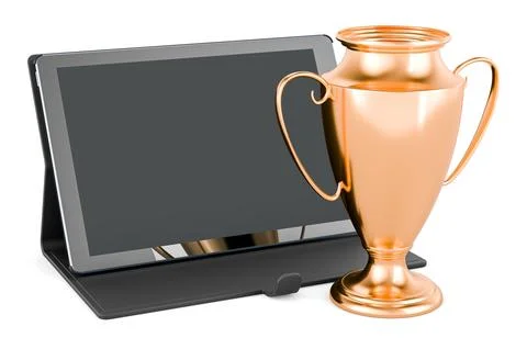 Tablet computer with gold trophy cup award, 3D rendering Illustrazione stock