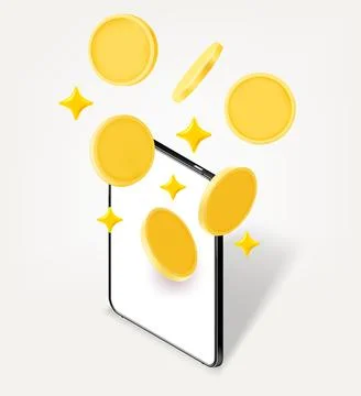Tablet computer with golden coins. 3d vector illustration isolated on white.. Stock Illustration