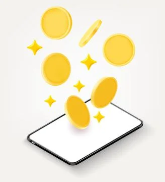 Tablet computer with golden coins. 3d vector illustration isolated on white.. Stock Illustration