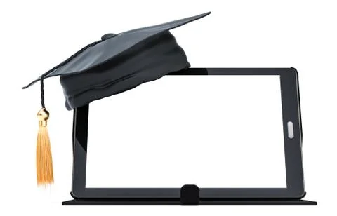 Tablet computer with graduation cap. Online education concept, 3D rendering 스톡 일러스트
