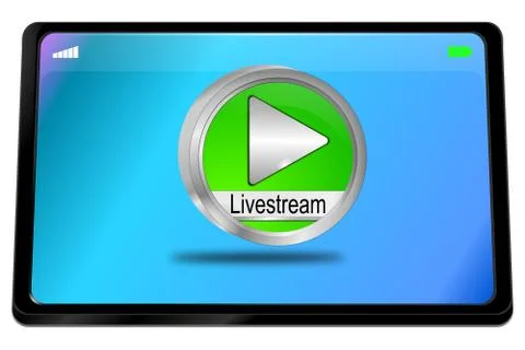 Tablet computer with green  Livestream Button - 3D illustration Stock Illustration