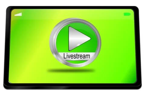 Tablet computer with green Livestream Button - 3D illustration Stock Illustration