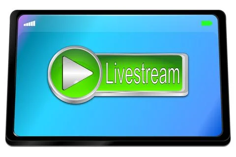 Tablet computer with green Livestream Button - 3D illustration Stock-Illustration