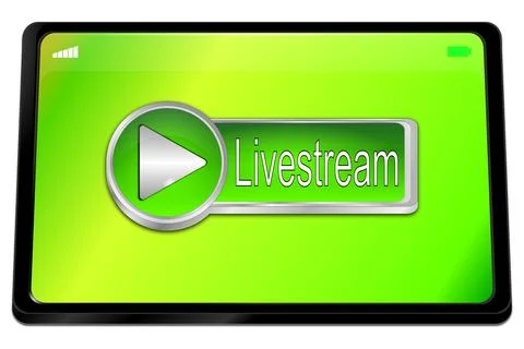 Tablet computer with green  Livestream Button - 3D illustration Illustrazione stock