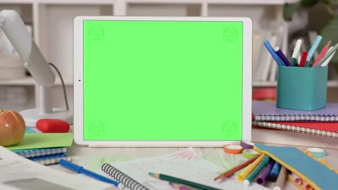 Tablet Computer with Green Screen in Cozy Student Room Interior Vídeo Stock 172011931