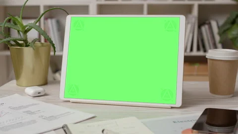 Tablet Computer with Green Screen in Cozy Office Interior Stock Footage 172012260
