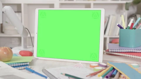 Tablet Computer with Green Screen in Cozy Student Room Interior Video stock 172205411