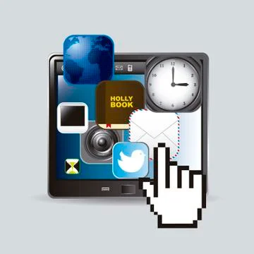 Tablet computer with icons of apps and cursor hand. vector Stock Illustration