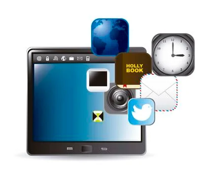 Tablet computer with icons of apps over white background. vector Stock Illustration