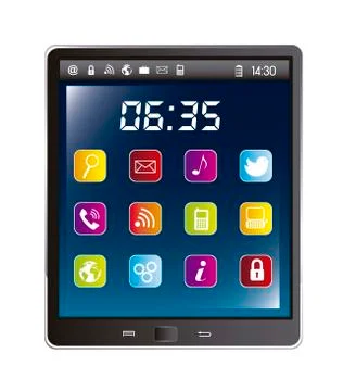 Tablet computer with icons of apps over white background. vector Illustrazione stock