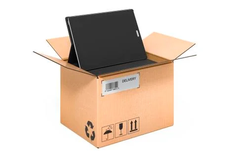 Tablet computer inside cardboard box, delivery concept. 3D rendering イラスト素材