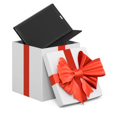 Tablet computer inside gift box, present concept. 3D rendering Stockillustratie