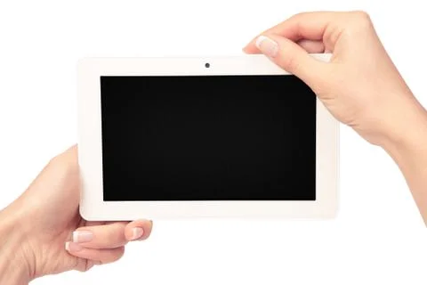 Tablet computer isolated in a hand on the white backgrounds Stock Photos