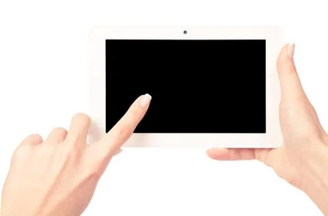 Tablet computer isolated in a hand on the white backgrounds Stockfoto's