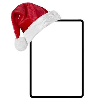 A tablet computer isolated with a Santa Claus hat for Christmas on the white 스톡 사진