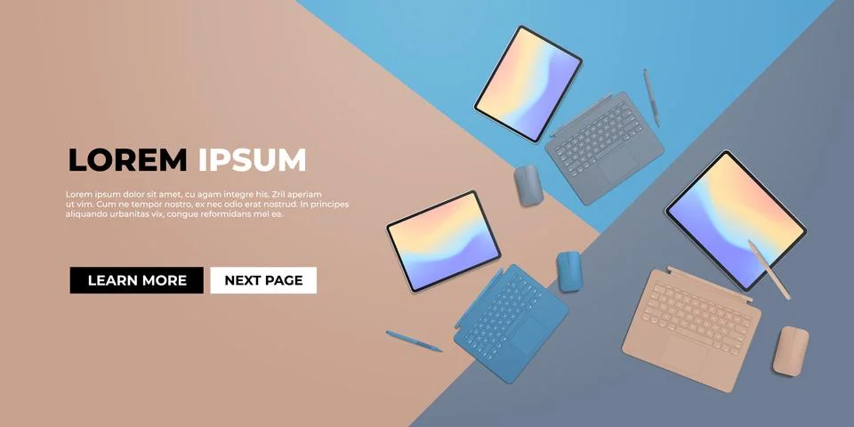 Tablet computer with keyboard mouse stylus and colored screen realistic mockup Stock Illustration