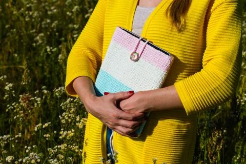 Tablet computer in a knitted cover Stock Photos