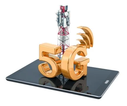 Tablet computer with mobile tower, 5G concept. 3D rendering Stock Illustration