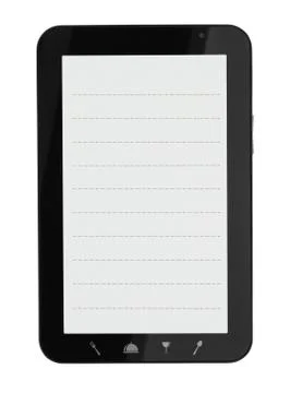 Tablet computer with notebook page and food icons Illustrazione stock