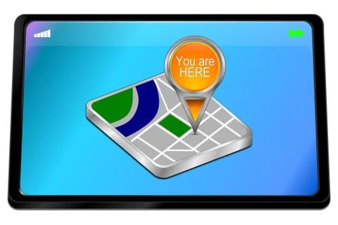 Tablet computer with orange You are Here Map Pointer - 3D illustration Stock Illustration