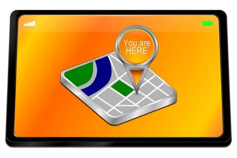 Tablet computer with orange You are Here Map Pointer - 3D illustration Stock Illustration