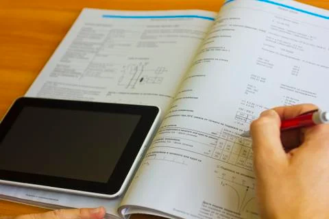 Tablet computer over engineering diagram 스톡 사진